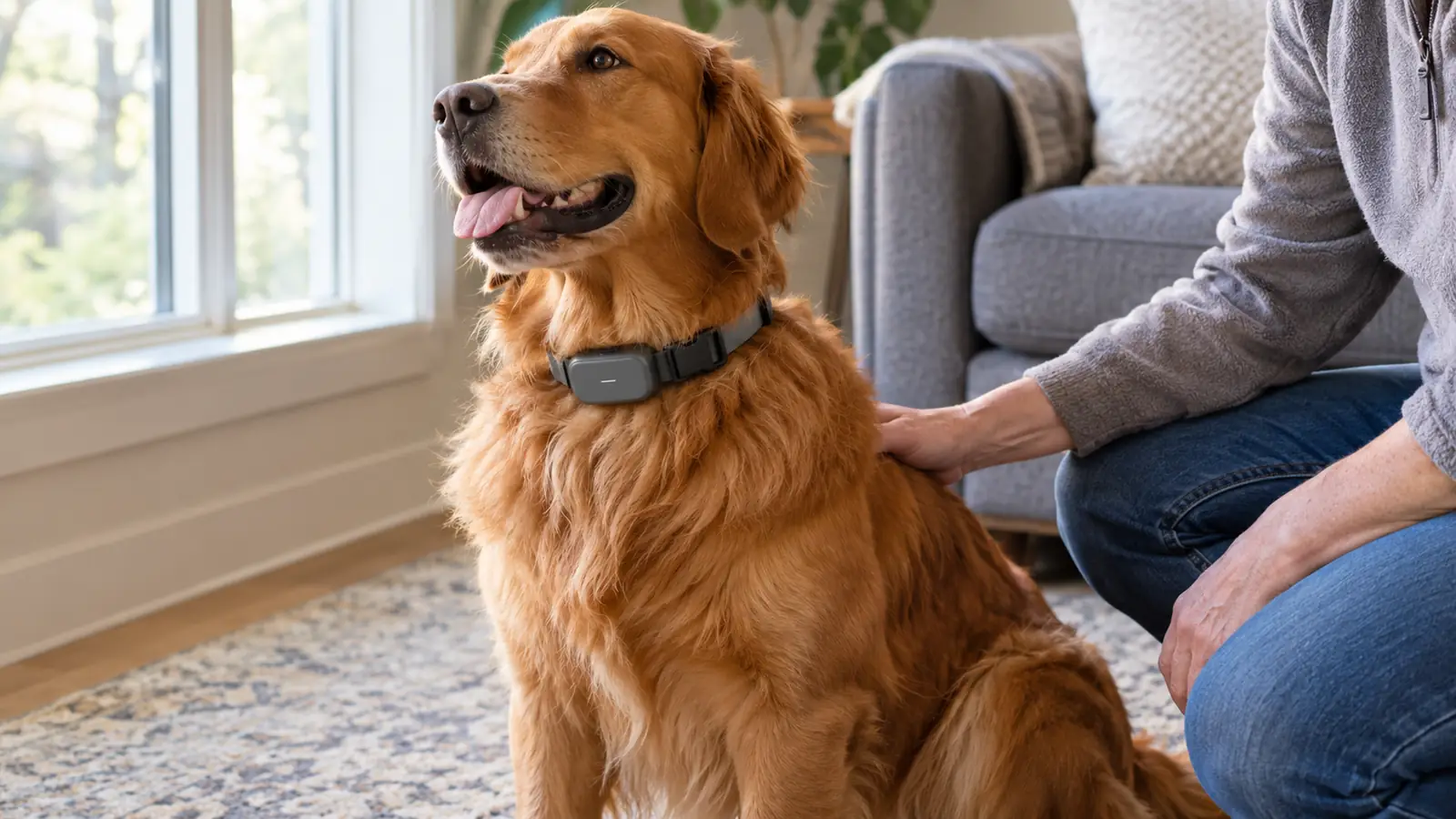 A dog wearing a bark collar sits on a rug near a window while a person kneels beside it