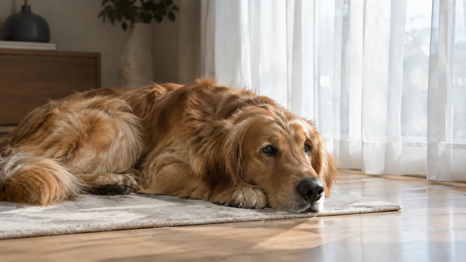 A calm dog lying on a mat facing away from a bright window with sheer curtains drawn