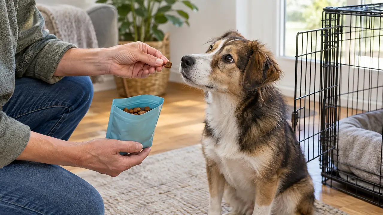 a person's hand offering a soft chew to a dog sitting calmly beside an open crate