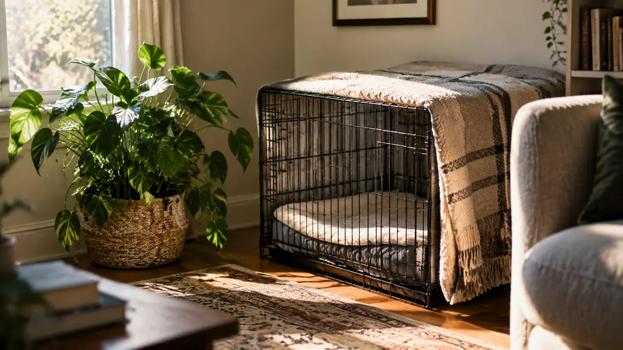 calm living room corner with a wire crate and a blanket draped over it