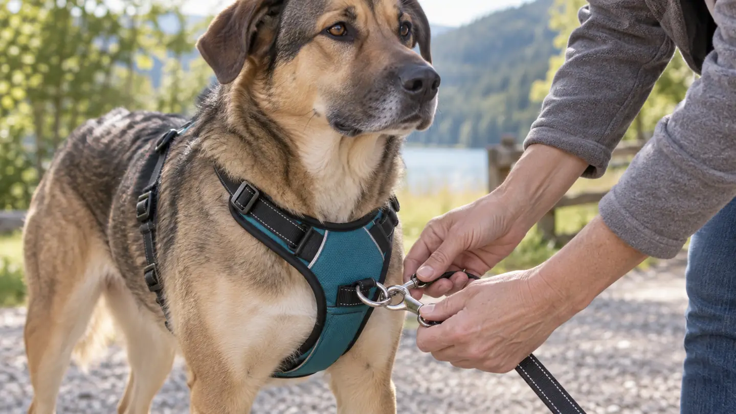 A person kneeling on a sidewalk attaches a leash to the front clip of the dog's harness