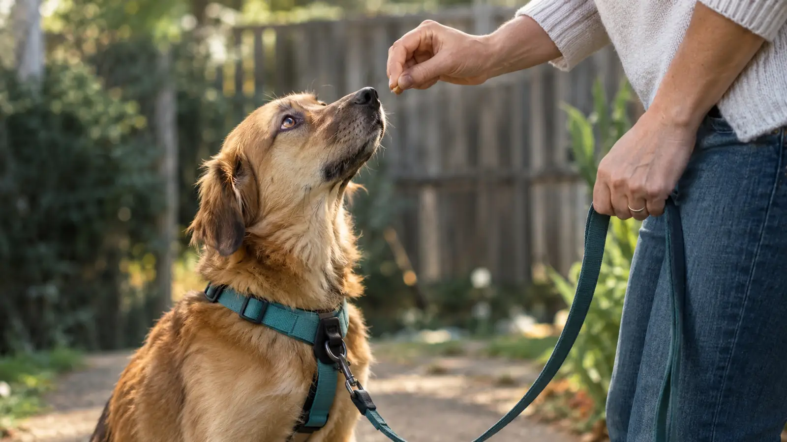 A dog wearing a front-clip harness walks beside a person and accepts a small treat for a loose leash