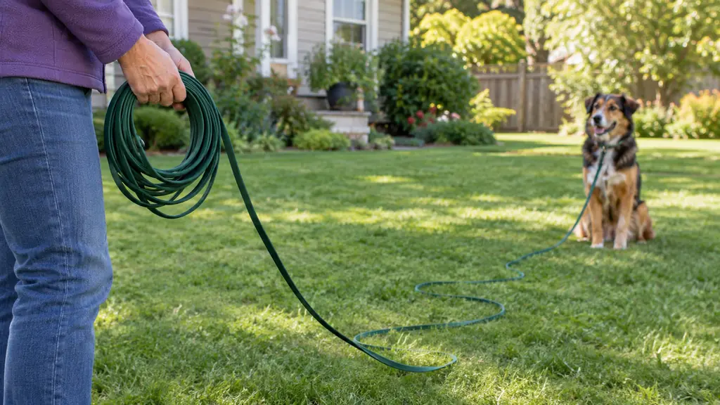 A person holds a neatly coiled long training line while a medium-sized dog waits at the other end in a yard.
