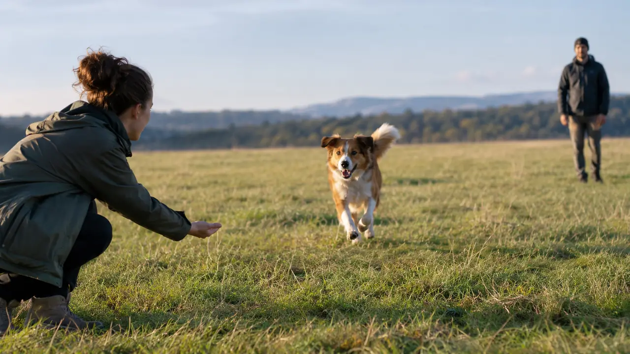 A dog sprints between two people standing far apart in an open grassy area while the nearer person kneels and offers a treat.