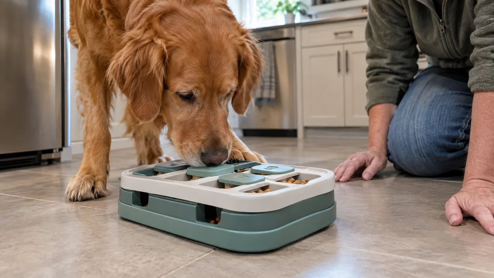 a dog using its nose to work a two level puzzle feeder on a kitchen floor
