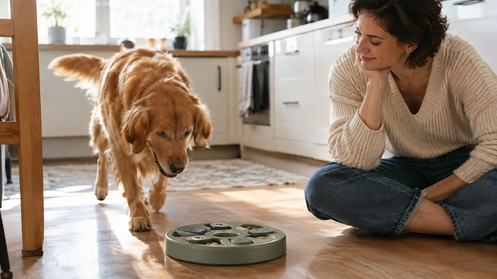 a dog moving toward a puzzle feeder on the floor while an owner watches from a chair