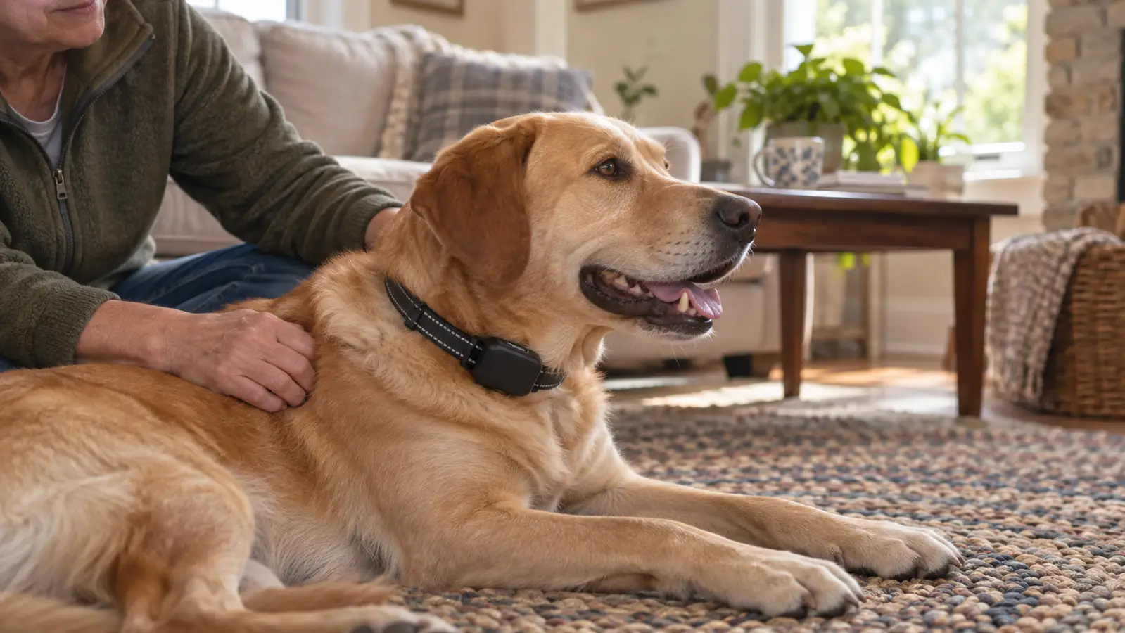 Close view of a training collar fitted around a dog's neck while the dog lies calmly on a rug in a living room.
