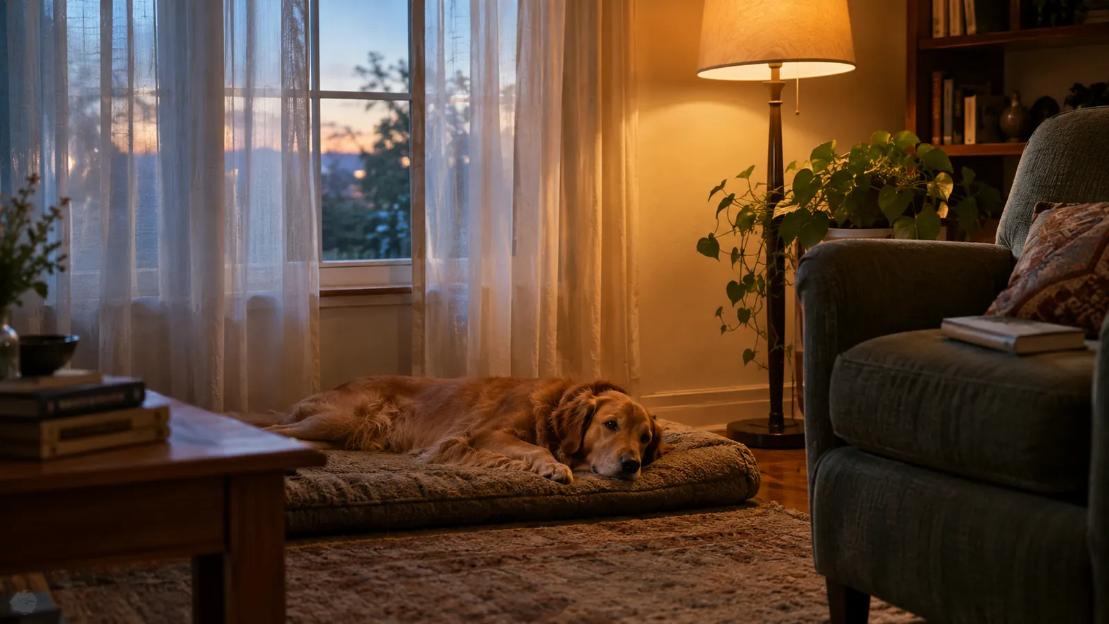 The same dog resting quietly on a mat near a window in the evening, with curtains half drawn and a lamp glowing in the room.