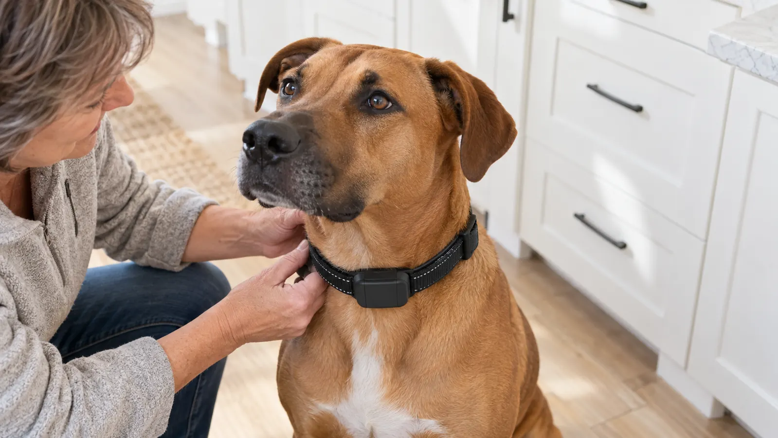 The FAFAFROG bark collar fitted on a large dog while a hand checks the fit high on the neck