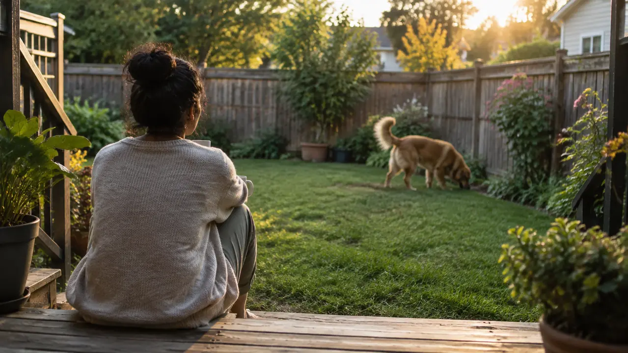 A person sitting on a back step watching a dog near a fence at the far edge of a small yard in late afternoon