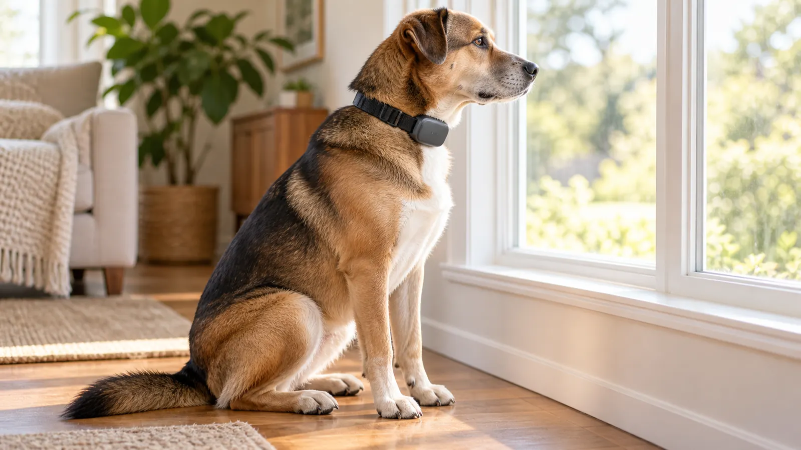 A dog wearing the FAFAFROG bark collar sits by a window in profile