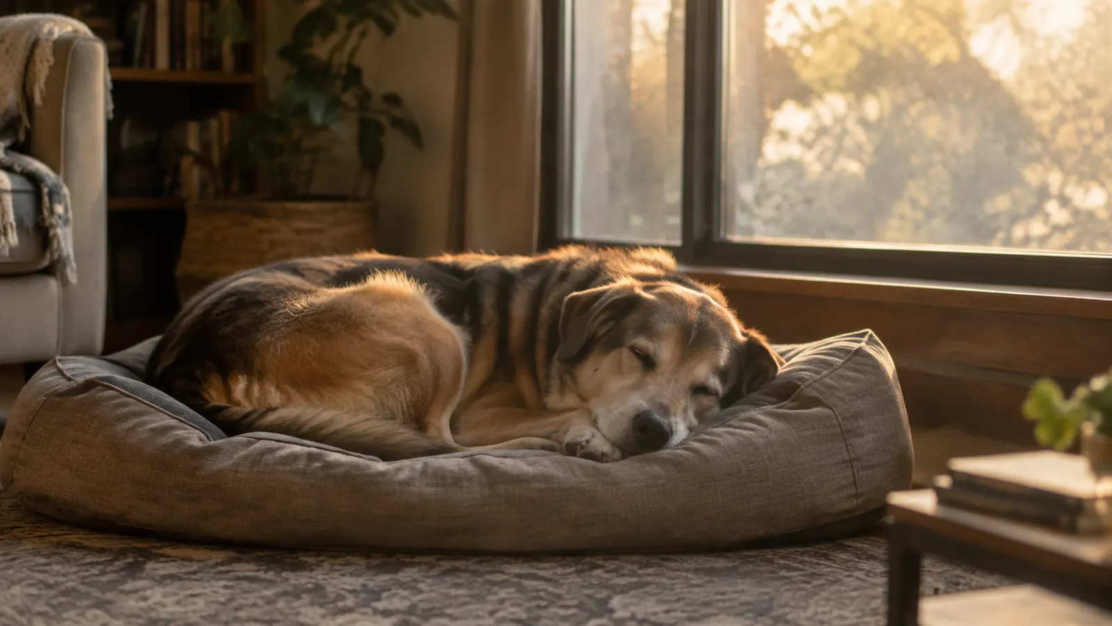 A quiet living room in late afternoon, a dog sleeping on a dog bed near the window