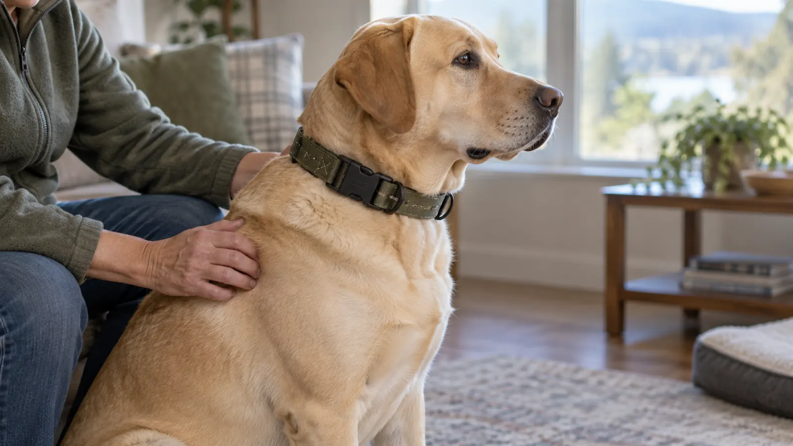 A FAFAFROG bark collar fitted snugly on a calm large dog sitting near a window