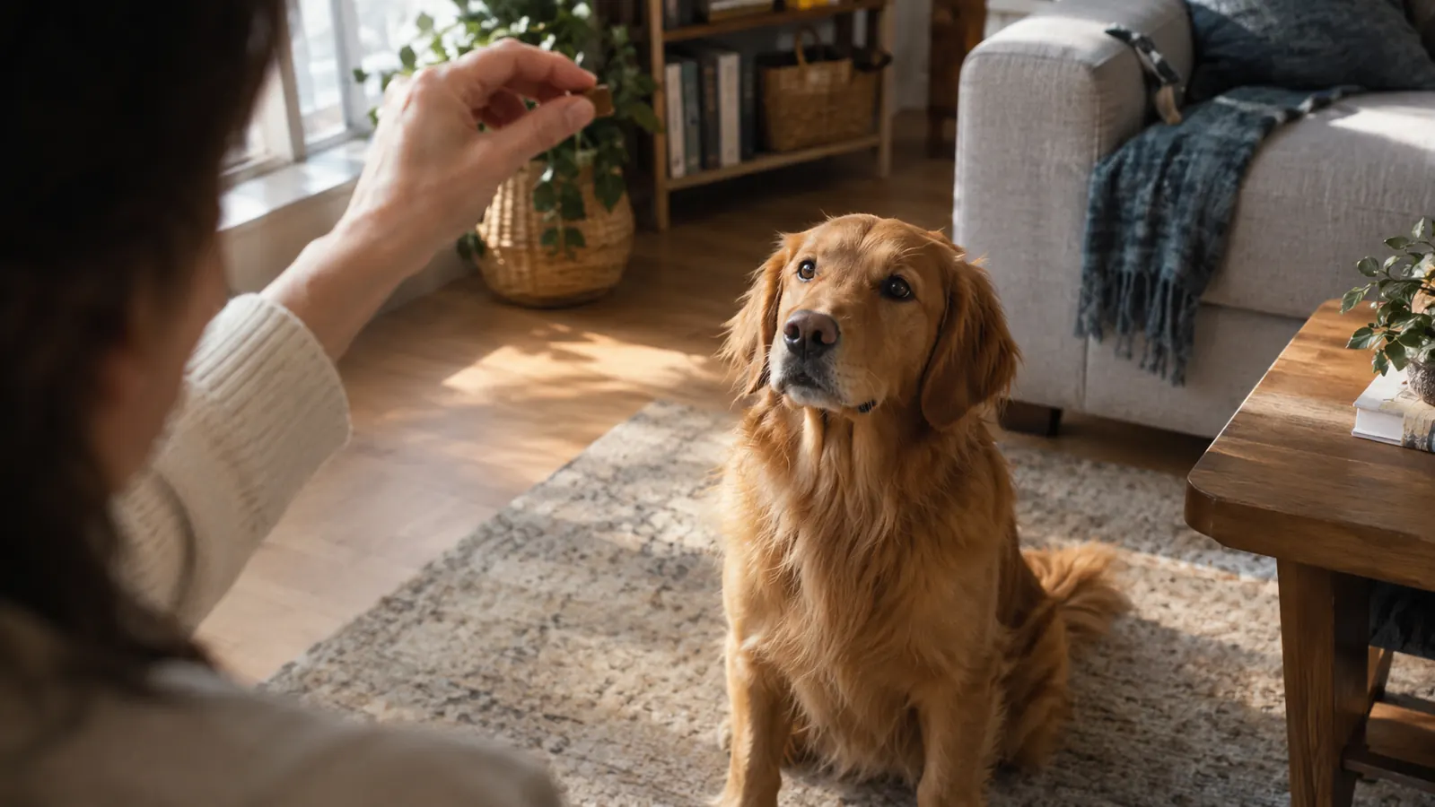 A person lowering a treat toward a quiet dog waiting on the rug, no product visible