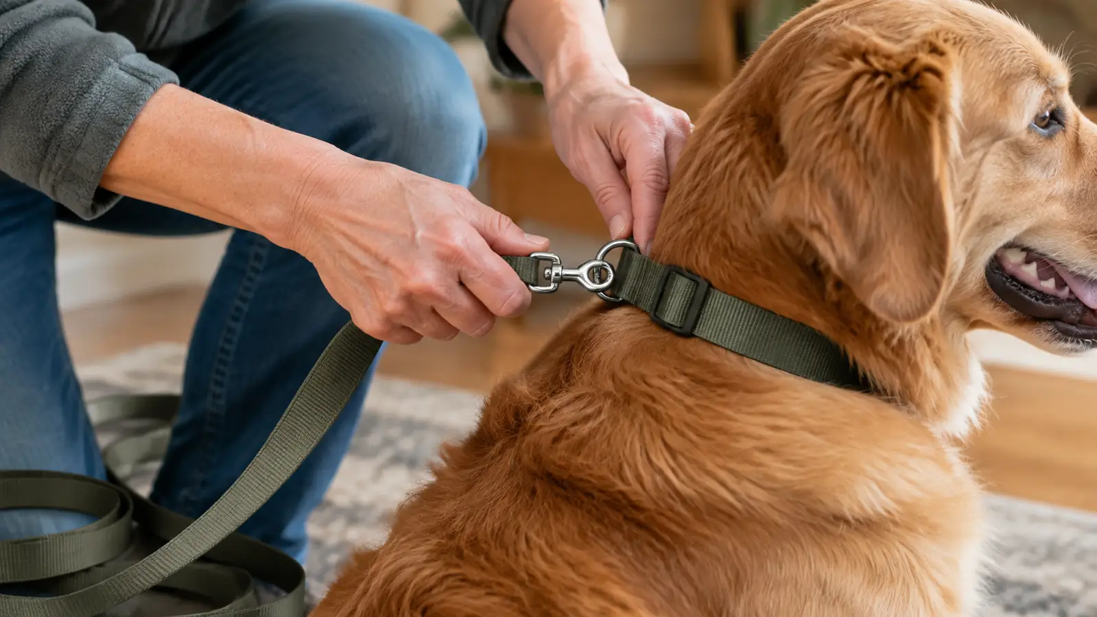 A hand clipping the end of a long training line to a dog's flat collar.