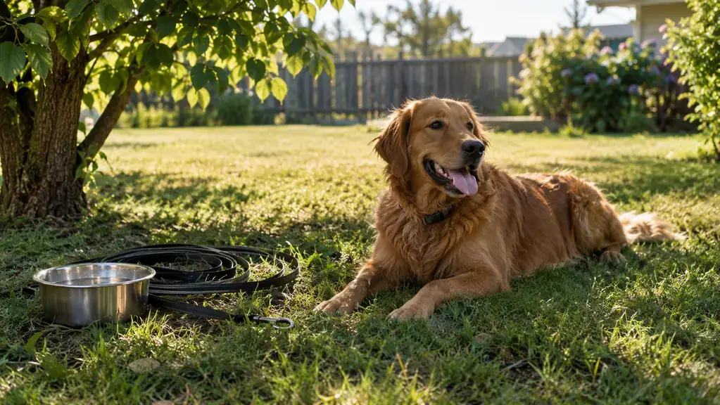 A dog lying on the grass with a long training line folded in loose loops nearby.