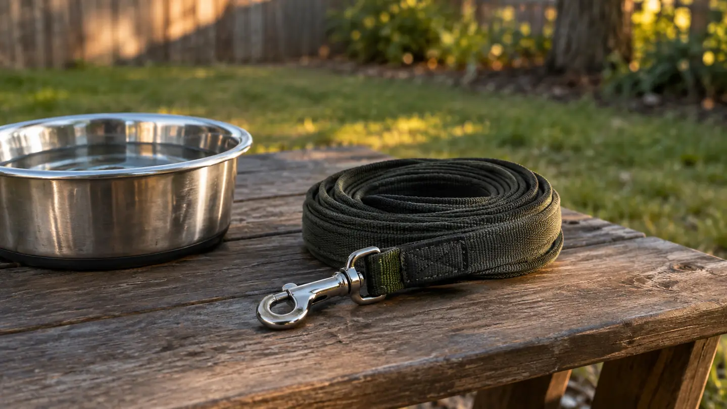 A neatly coiled training line with a metal clip resting on a wooden bench beside a stainless steel water bowl