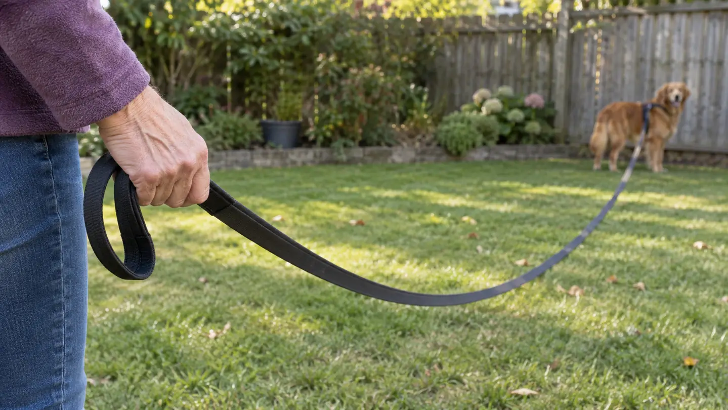 A hand holds the handle of a long training line as the line stretches across a yard to a dog near the fence.