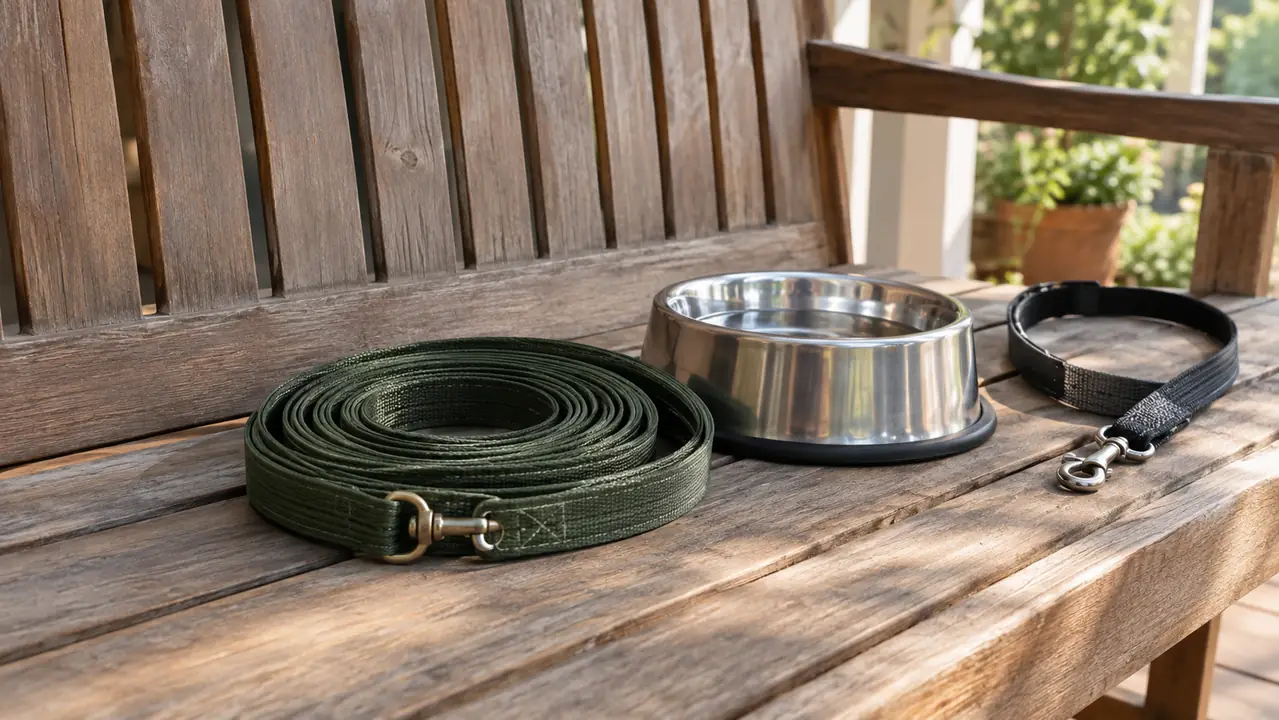 A coiled long line rests on a porch bench beside a water bowl and a separate leash.