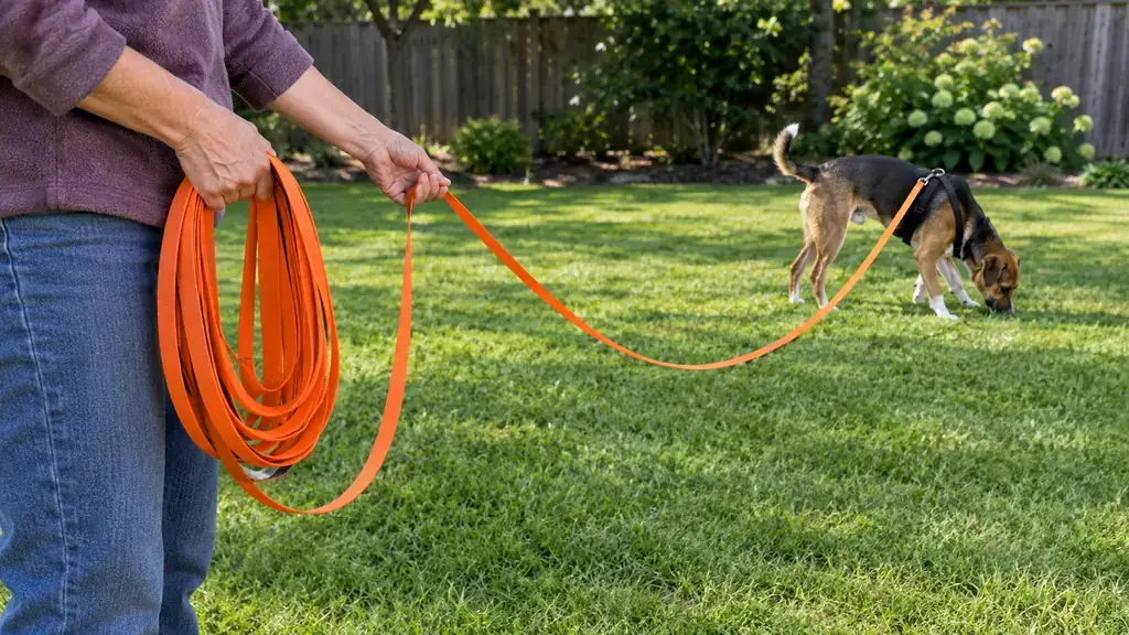 A person holding loose folded coils of a long training line while a dog wearing a harness explores at the far end of the line
