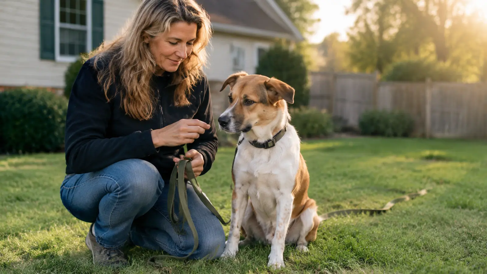 A person kneeling on a lawn with a medium sized dog sitting beside them, holding a training line while giving the dog a small treat