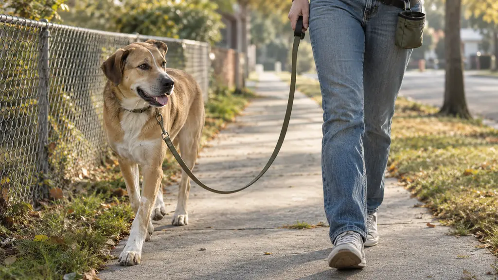 A dog walking calmly on a slack leash beside its owner on a suburban sidewalk, the leash hanging in a loose curve
