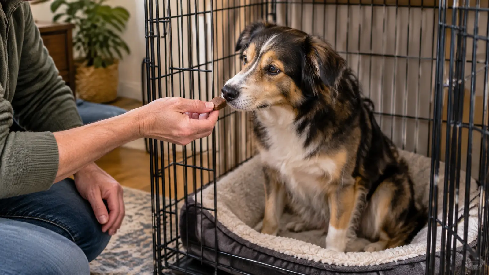 A person's hand offers a soft chew to a dog sitting in an open wire crate