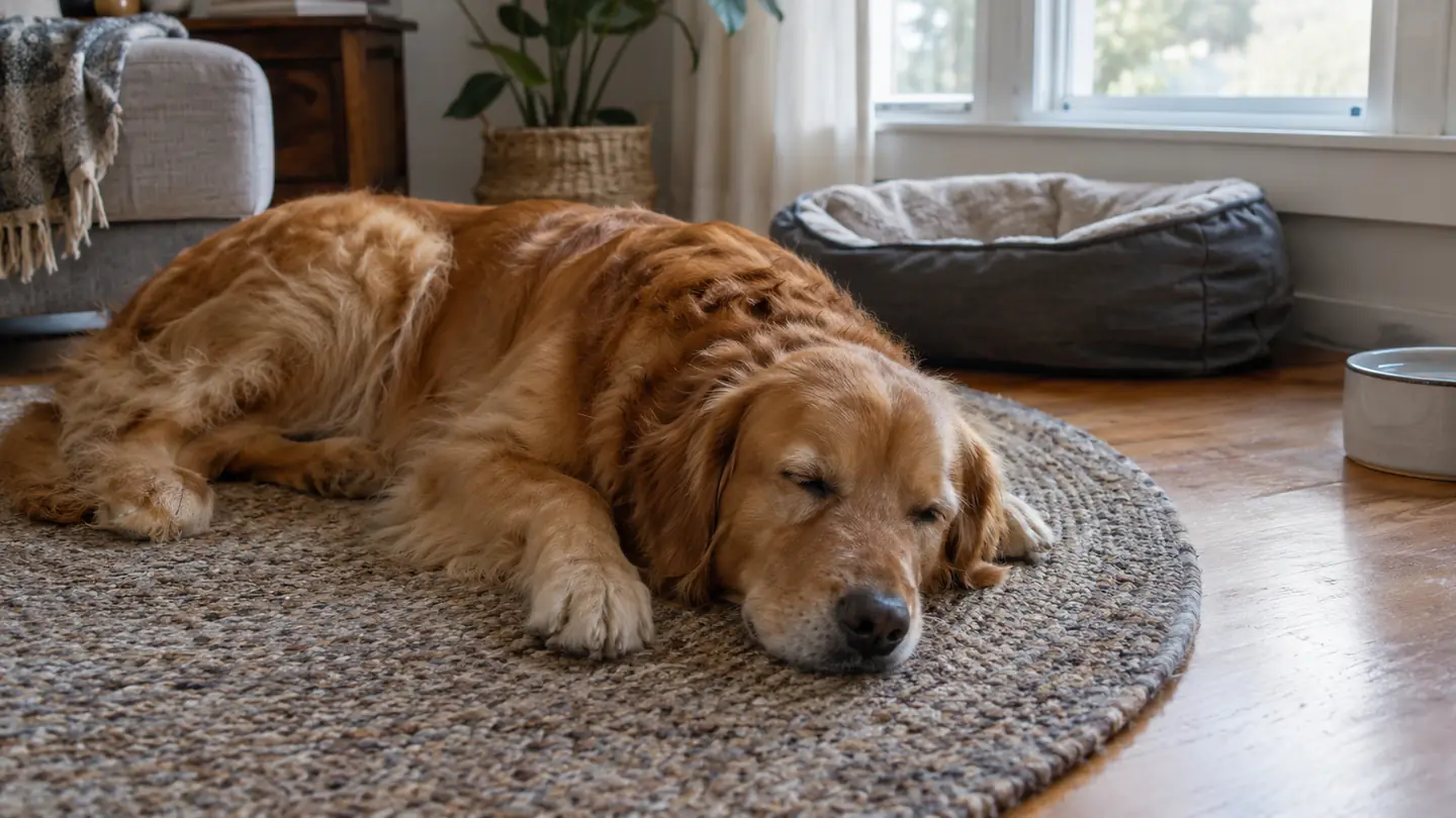 A calm dog sleeps on a rug in a quiet living room while a key ring rests on a table