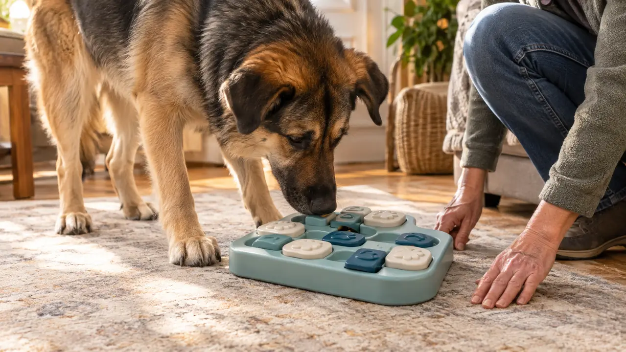 A large mixed breed dog working at a puzzle feeder on the floor