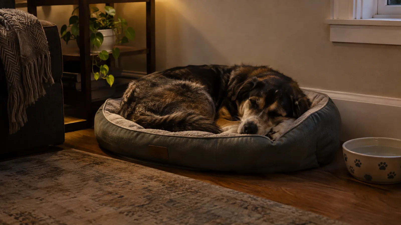 A large mixed breed dog asleep in a dog bed in the evening after dinner