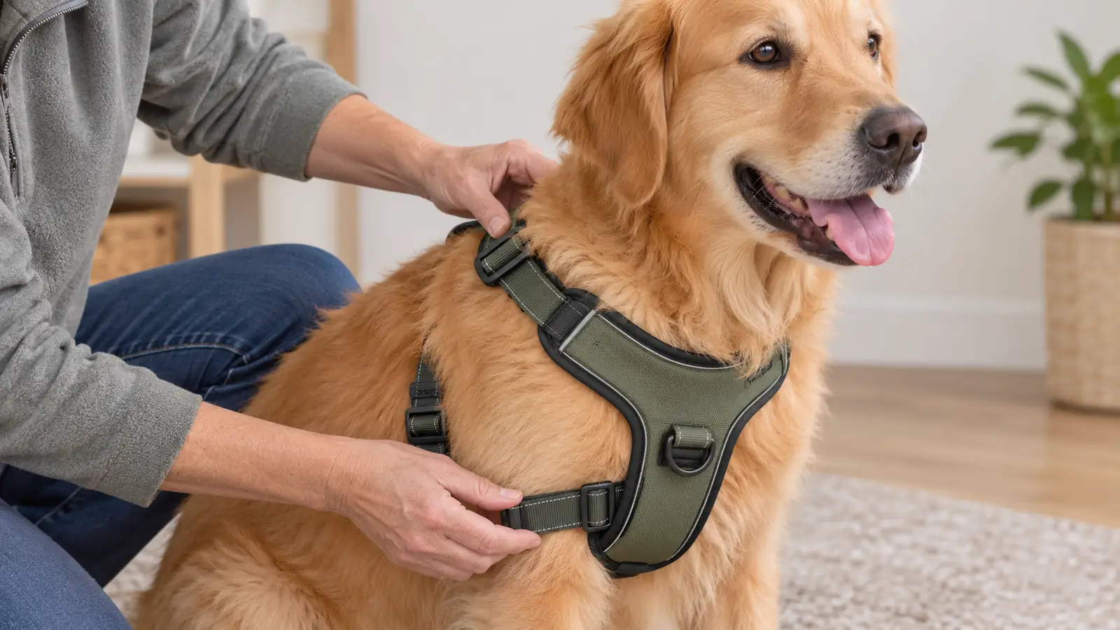 A person's hands adjusting the straps of a front-clip no-pull harness on a large dog who is sitting calmly indoors.