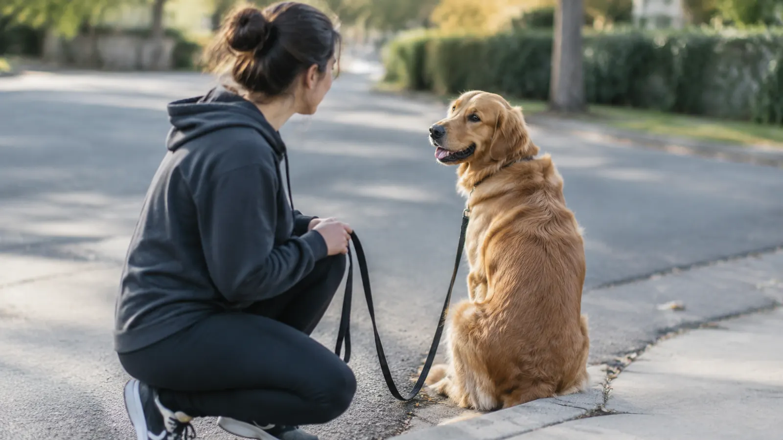 A dog and a person pause at a curb; the dog looks over its shoulder while the leash stays loose.