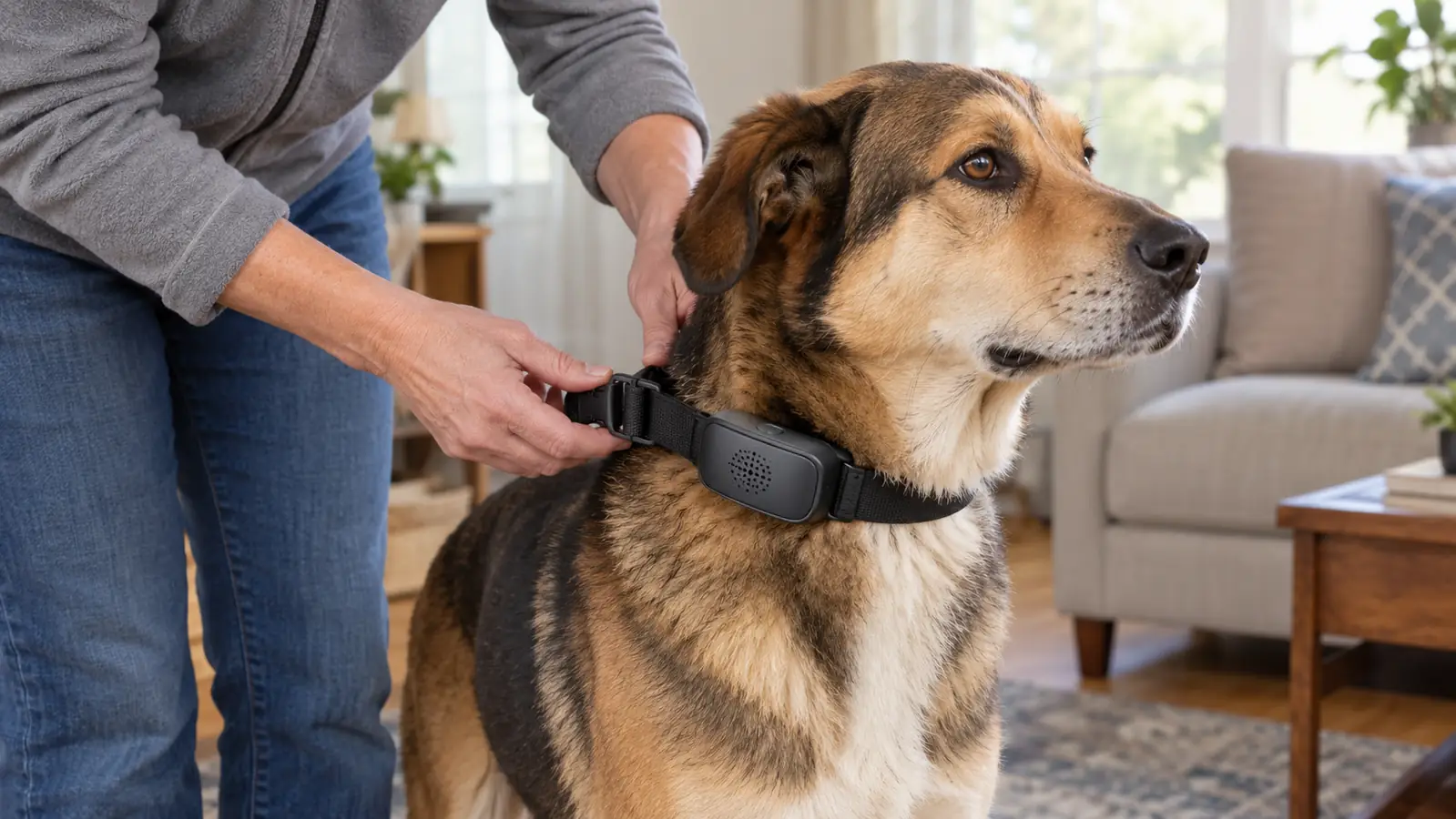 Hands fitting the FAFAFROG bark collar around the neck of a calm dog before a training session