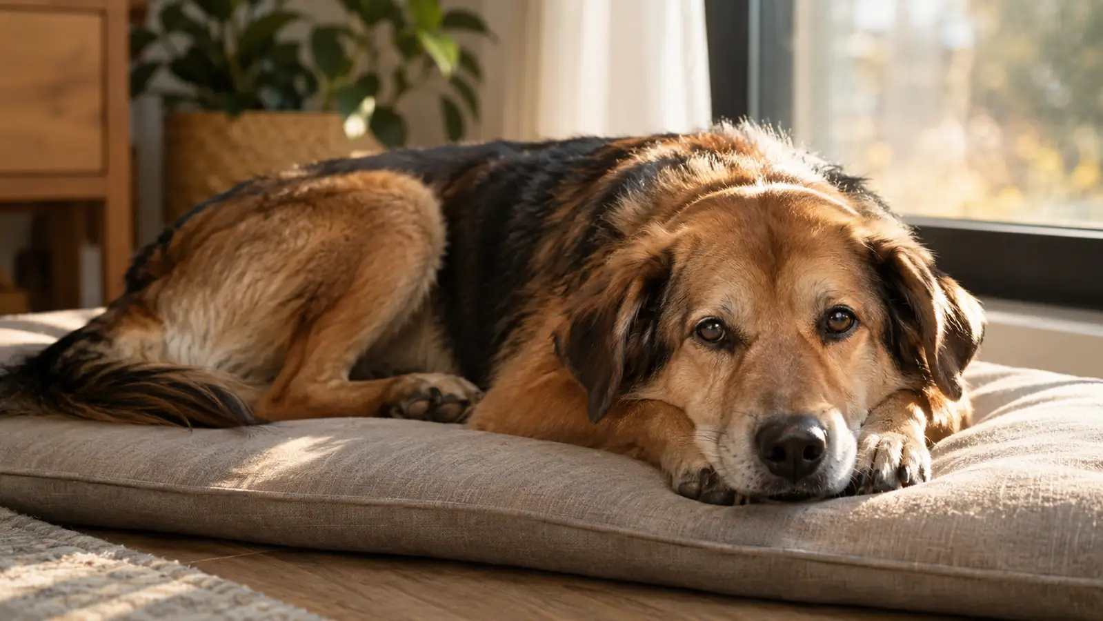 A dog lying on a mat near the window in the late afternoon, relaxed and quiet