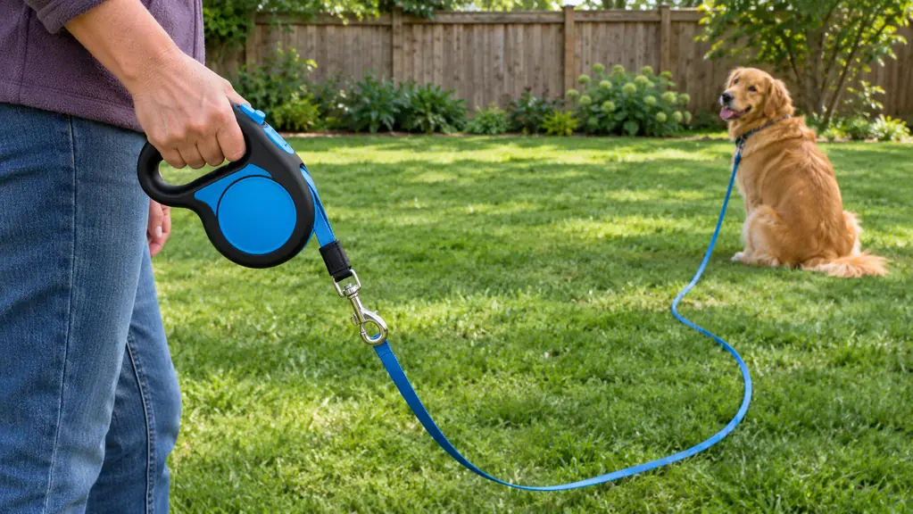 A hand holds the handle of a long training line while the line trails across grass toward a dog sitting nearby