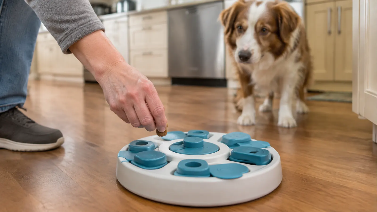 A person's hand placing a small treat into one open section of the puzzle feeder on the floor