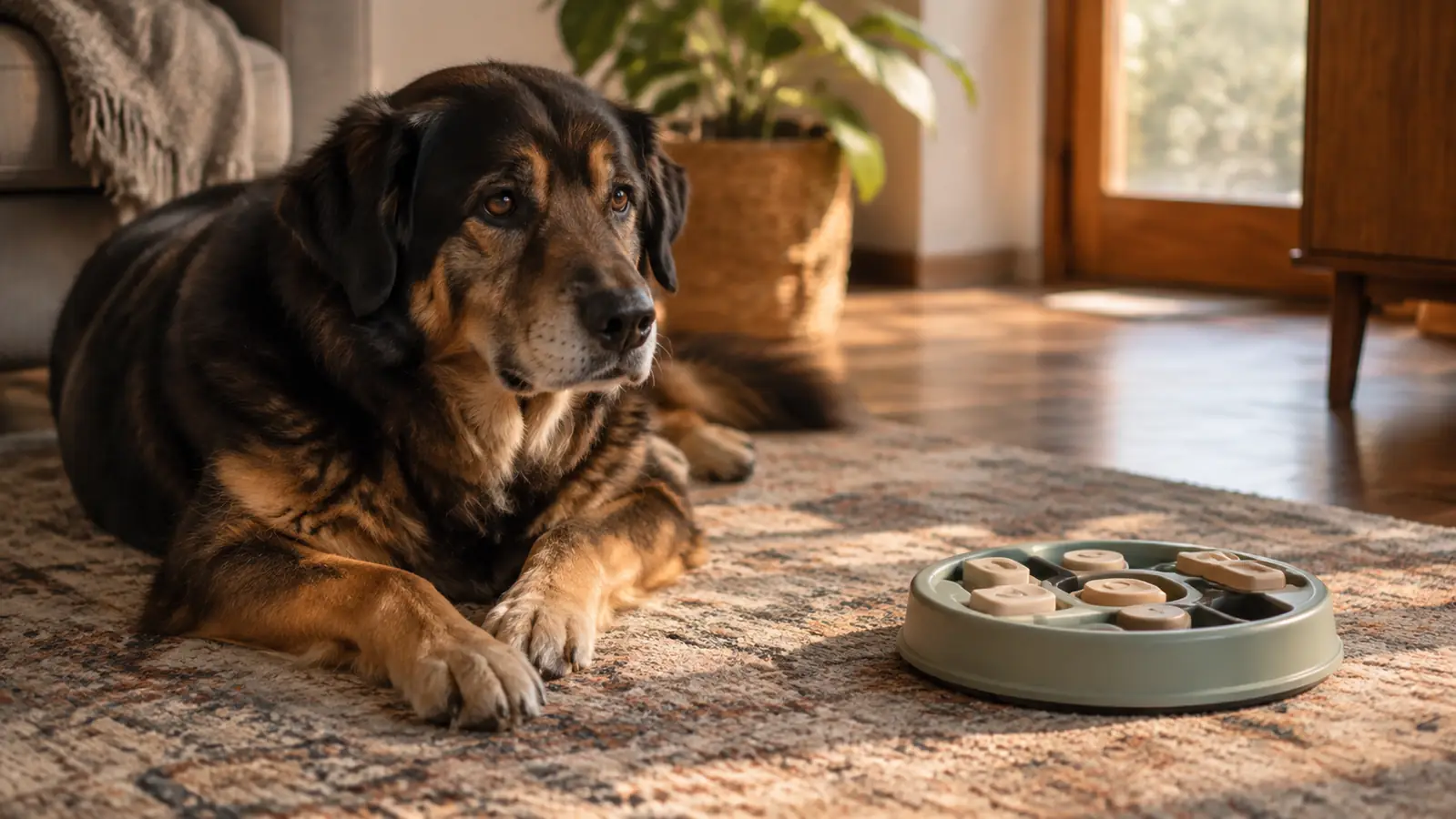 A large dog resting on a rug near an empty puzzle feeder