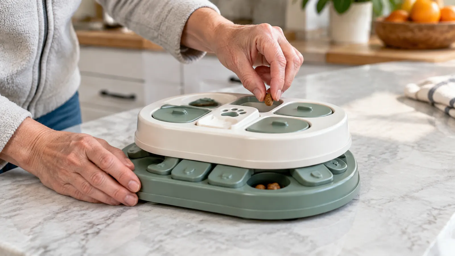 A hand drops a piece of kibble into the KADTC puzzle feeder on a kitchen counter