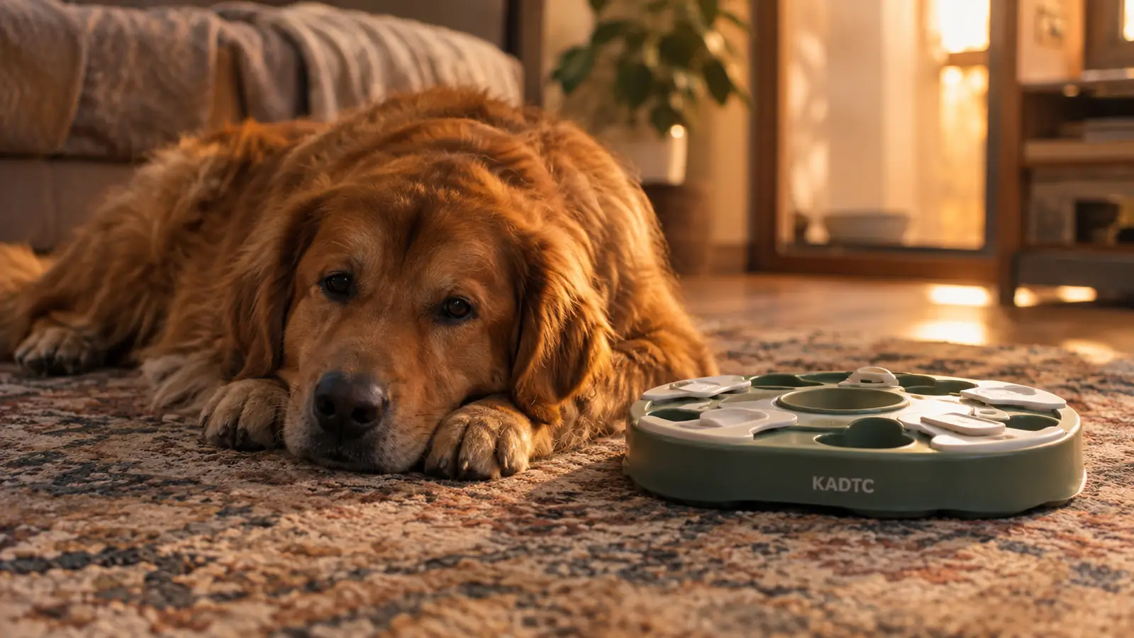 A relaxed dog lies on a rug beside an empty puzzle feeder in the evening