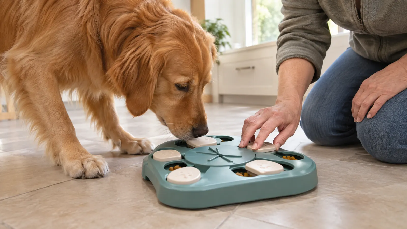 A dog working at the KADTC puzzle feeder in a kitchen while a person reaches toward it