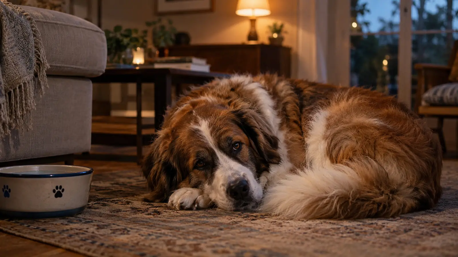 A large dog curled up on a rug in a quiet living room after dinner