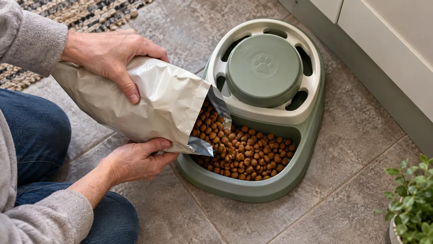 A person's hands scattering kibble into a two-level dog puzzle feeder