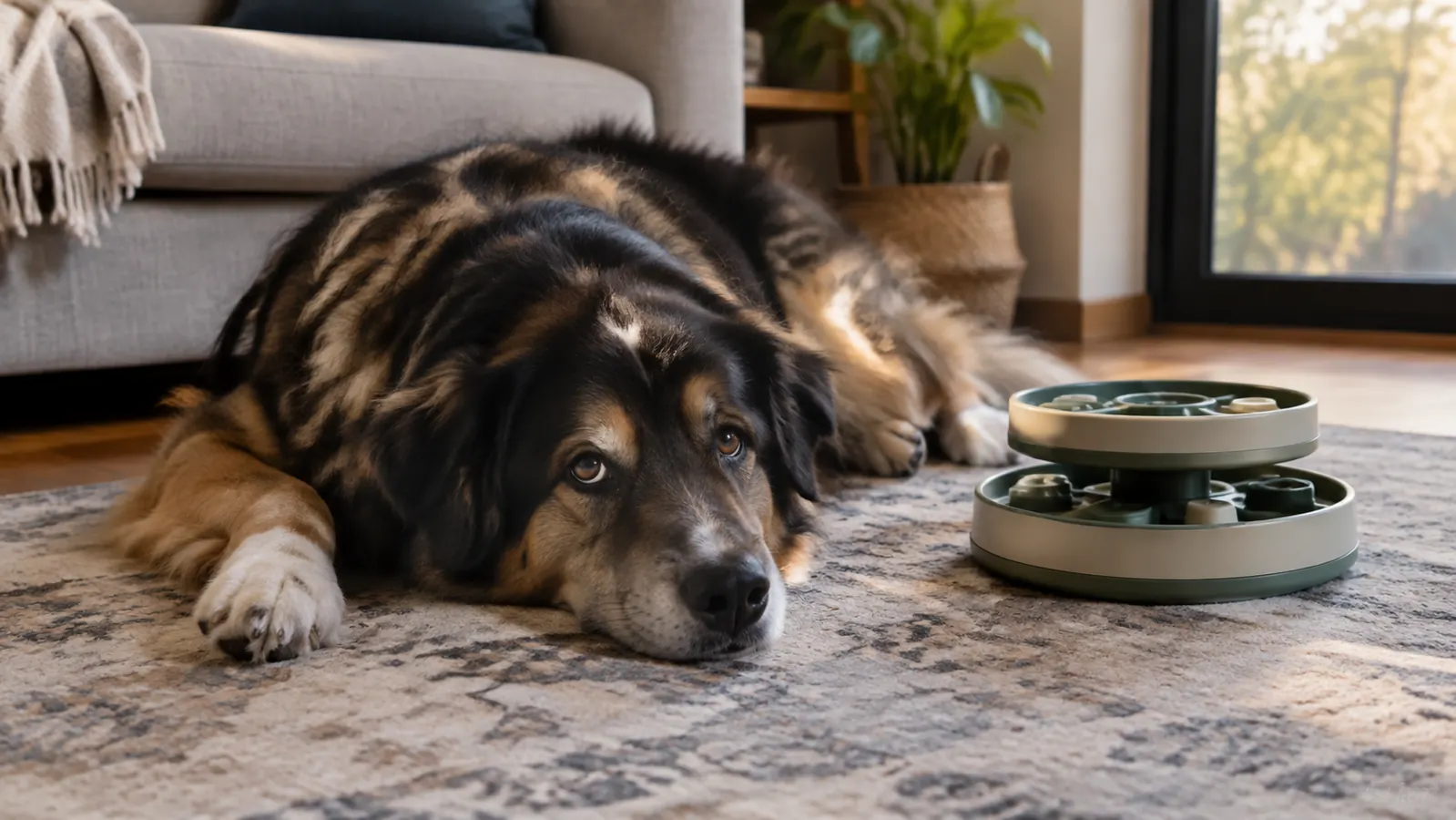 A dog lying calmly on a rug beside an empty two-level puzzle feeder after finishing a meal