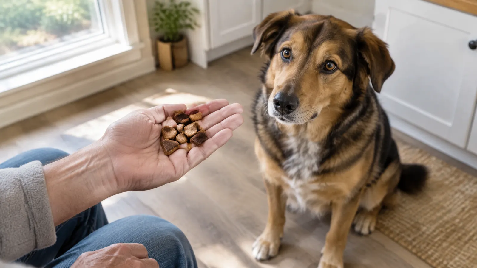A person offering a soft chew from an open hand to a dog sitting patiently on a kitchen floor