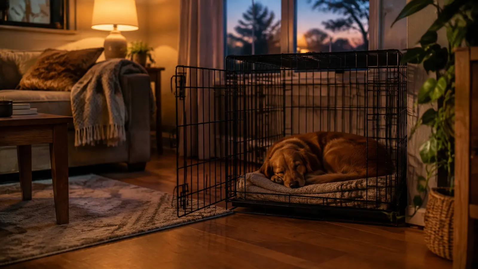 A dog sleeping on a blanket inside a wire crate in a living room at dusk
