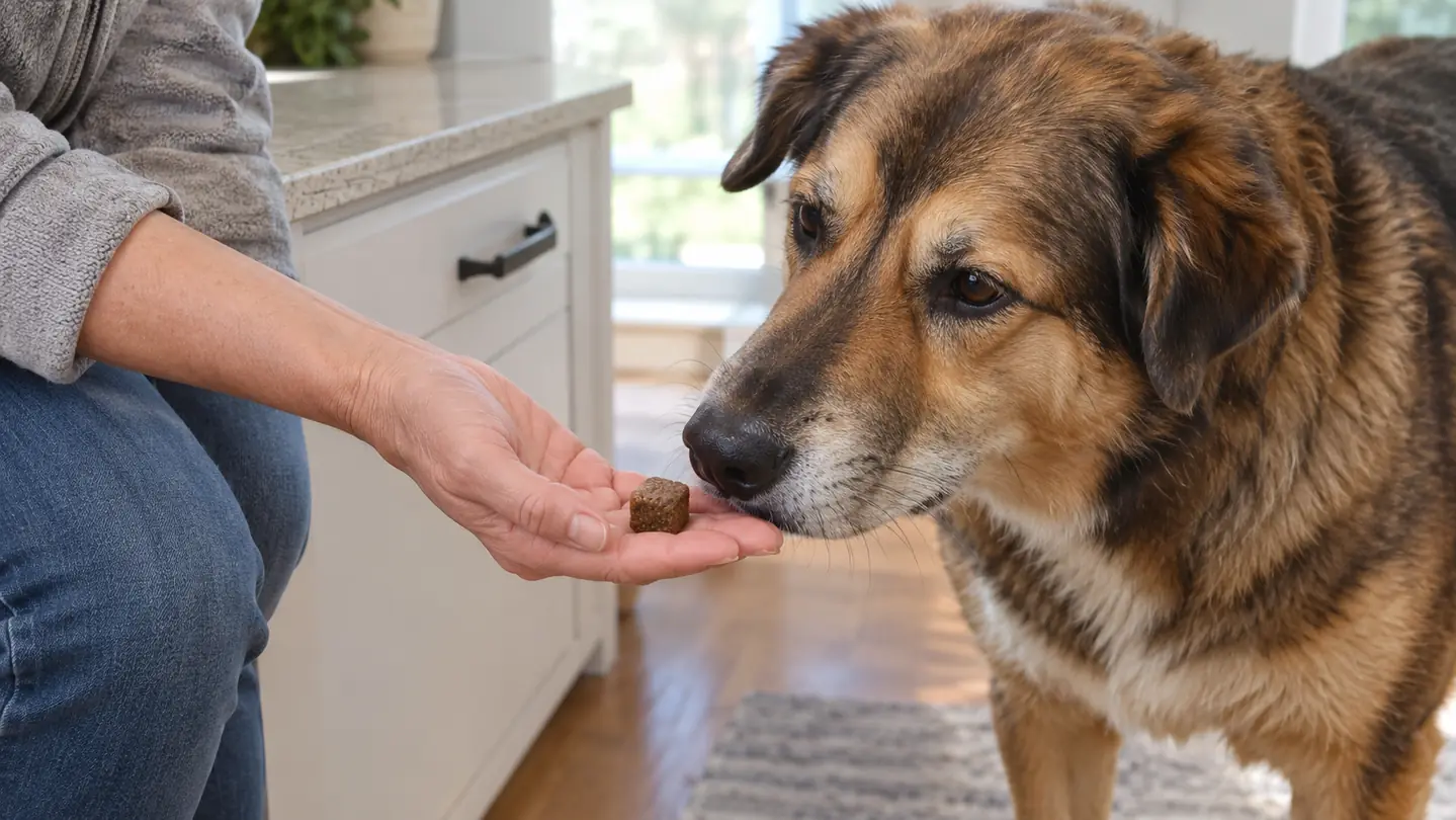 A hand extends one soft chew to a large mixed-breed dog, which leans in to sniff with ears forward in a bright kitchen.