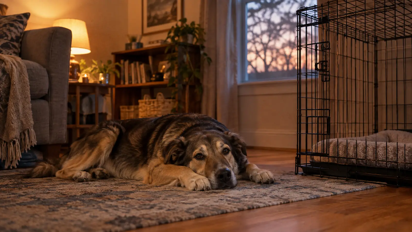 An evening indoor scene: a large mixed-breed dog lies relaxed on a rug beside a wire dog crate, head down, calm posture.