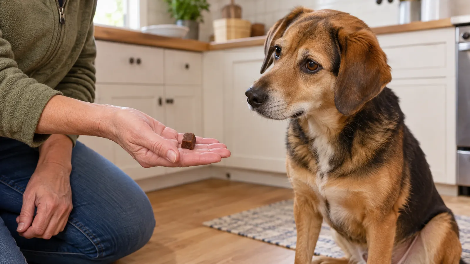 A hand holds a soft chew out to a patient dog sitting on a kitchen floor