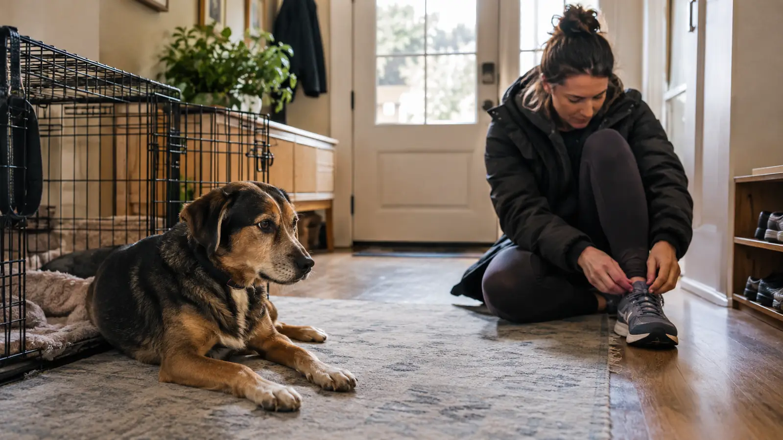 A dog lying calmly near an open wire crate while a person puts on shoes by the front door