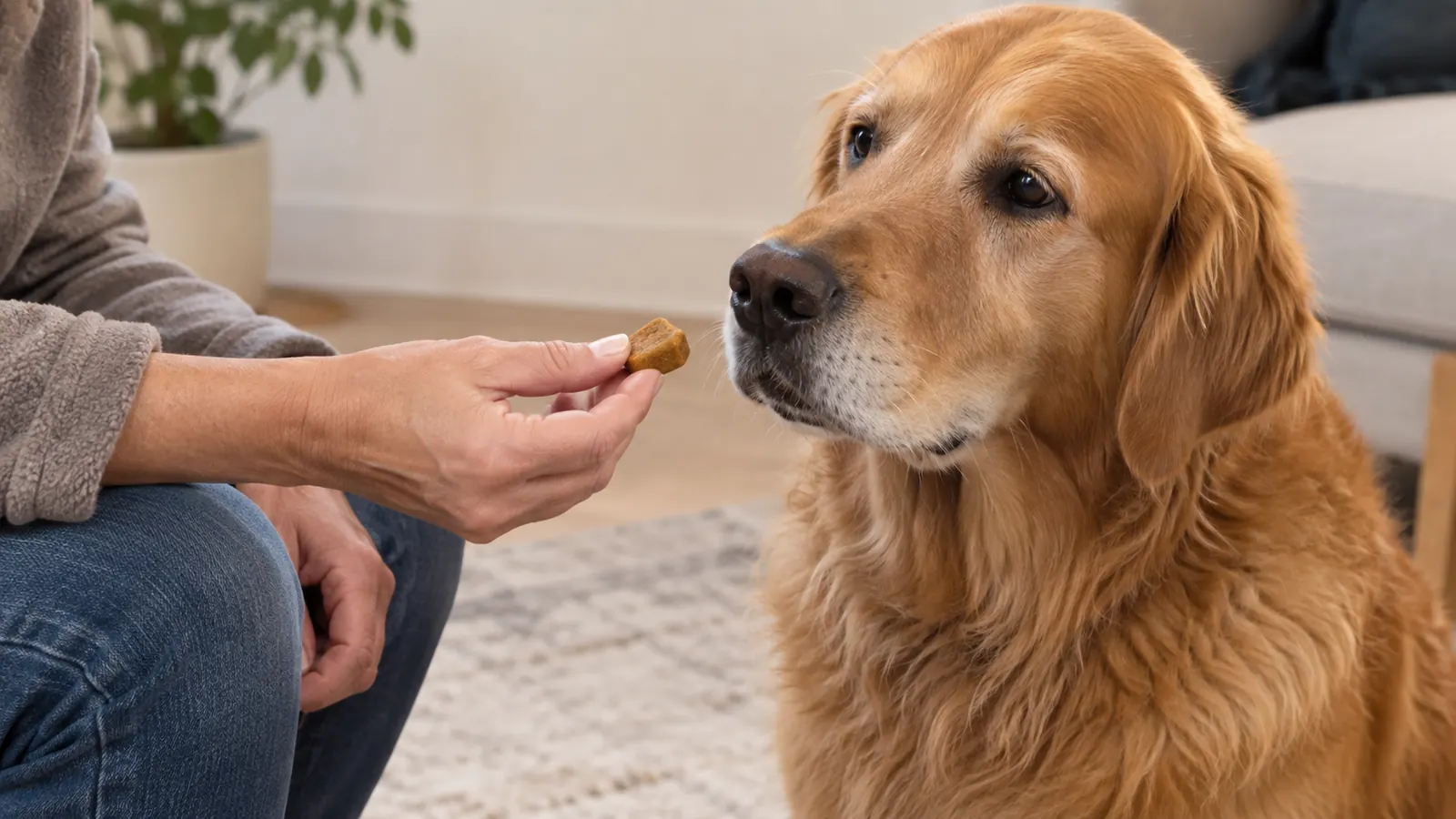 A hand holds out one soft chew to a large dog sitting patiently nearby